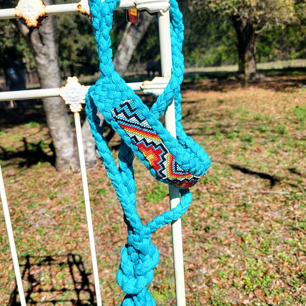 Turquoise Aztec Beaded Noseband Mule Tape Halter w/ lead